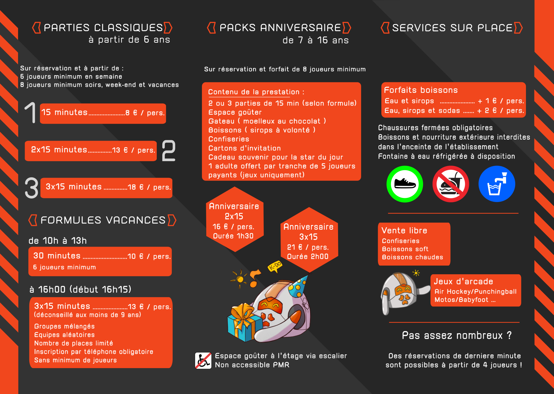 Grille des tarifs 2026 du laser game Laser13 à Voglans : prix des parties, packs anniversaire et formules groupe